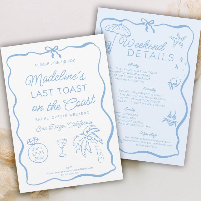 Invitation Dernier toast sur la Côte Bachelorette Bleue Party (last toast on the coast bachelorette party invitation invite itinerary hand drawn written doodle bow)