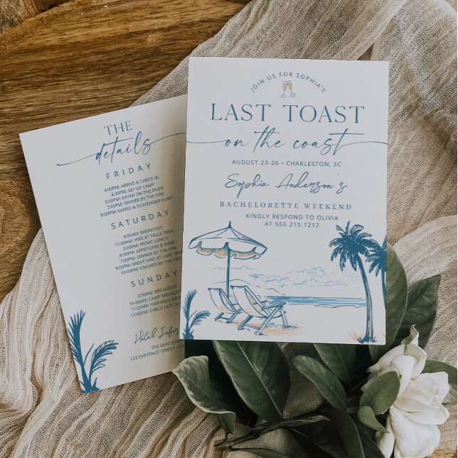 Invitation Dernier toast sur la Côte Bachelorette Party (Last Toast on the Coast Bachelorette Party Invite and Itinerary)