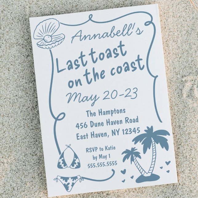 Invitation Dernier toast sur la côte Bachelorette tirée main (hand drawn "last toast on the coast" bachelorette party weekend itinerary invitation beach invite)