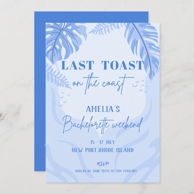 Invitation Dernier toast sur la côte Blue Bachelorette fête (Devant / Derrière)