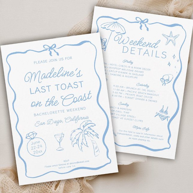 Invitation Dernier Toast Sur La Côte Bow Bachelorette Party (last toast on the coast bachelorette party invitation invite itinerary hand written drawn doodle )