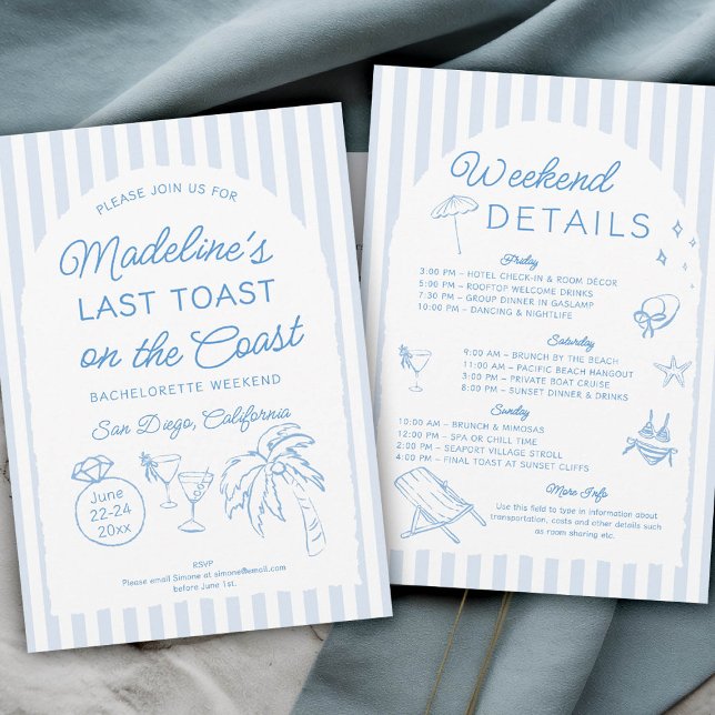Invitation Dernier Toast sur la Côte Itinéraire de la Bachelo (last toast on the coast bachelorette party itinerary hand drawn script calligraphy arch blue stripes)