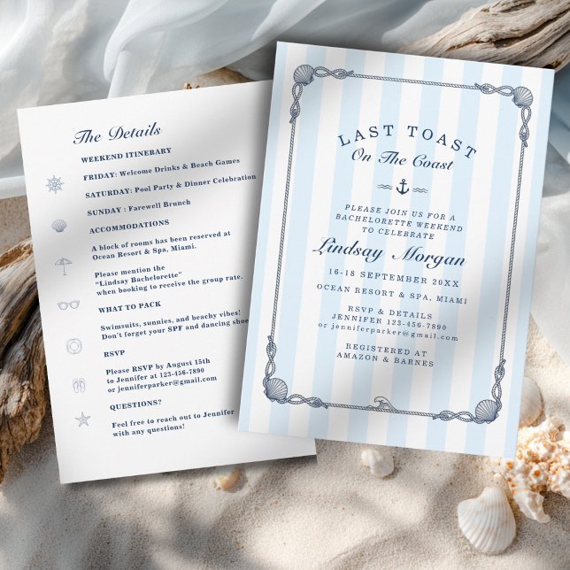 Invitation Dernier Toast sur la Côte ! Rayure d'enterrement d (Last Toast on the Coast! Bachelorette Blue Stripes Invitation)