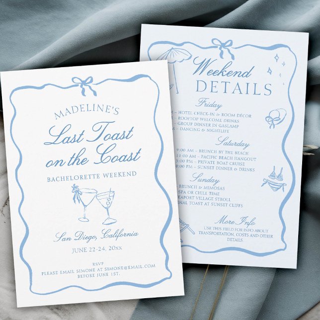 Invitation Dernier toast sur la côte Script Bachelorette Part (last toast on the coast bachelorette party itinerary hand drawn script calligraphy elegant blue)