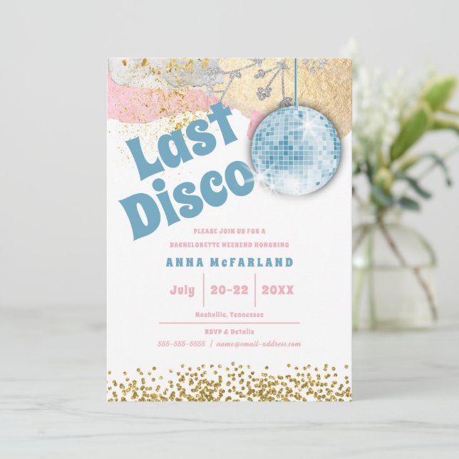 Invitation Dernière Disco Rétro Glam Bachelorette Bleu Or ros (Debout devant)