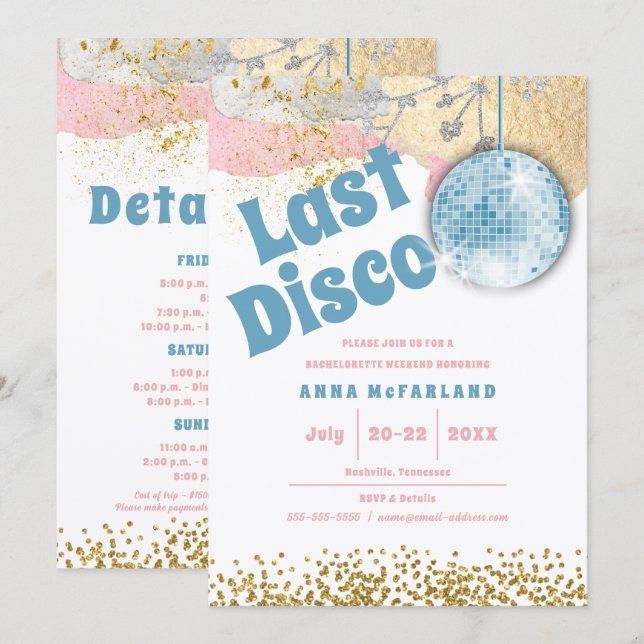 Invitation Dernière Disco Rétro Glam Bachelorette Bleu Or ros (Devant / Derrière)