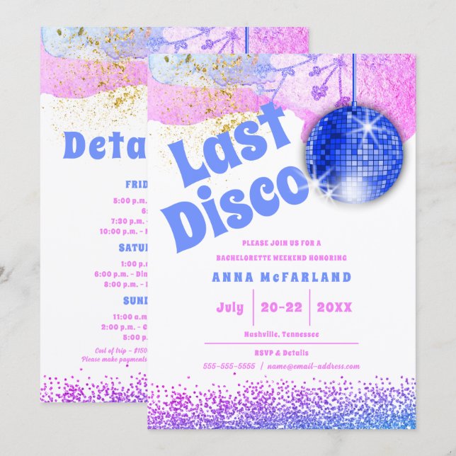 Invitation Dernière discothèque Glam Retro Blue Rose Bachelor (Devant / Derrière)
