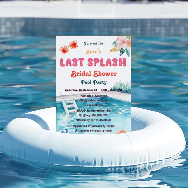 Invitation Dernière Fête au Thème de Piscine pour Enterrement (Last Splash Pool pool-themed watercolor tropical flower Bachelorette Bridal Shower Invitation)