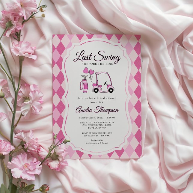 Invitation Dernière Fête des mariées de golf de Jacquard rose (Last Swing Before the Ring! Pink Argyle Golf-Themed Bridal Shower Invitation)