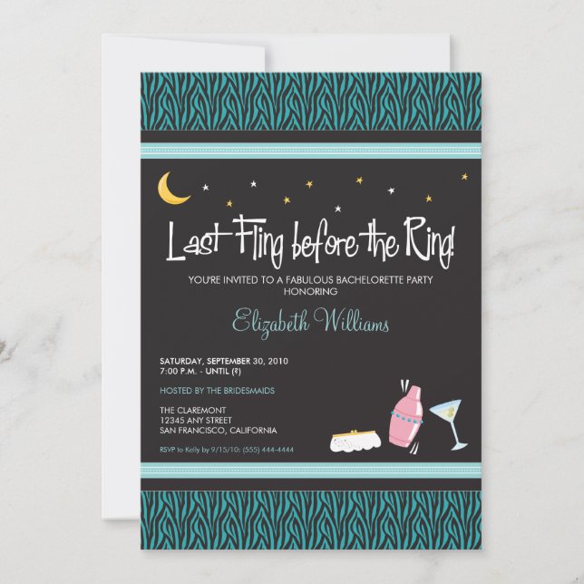 Invitation Dernière Fling Zebra Bachelorette (aqua (Devant)