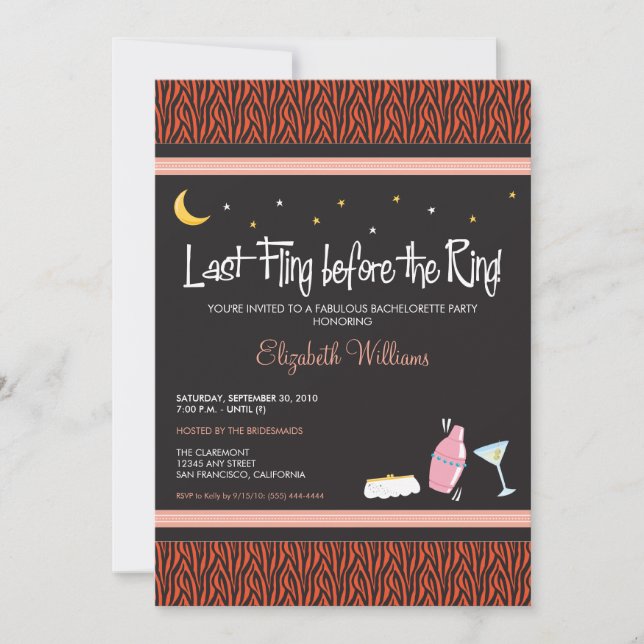 Invitation Dernière Fling Zebra Bachelorette (oran (Devant)
