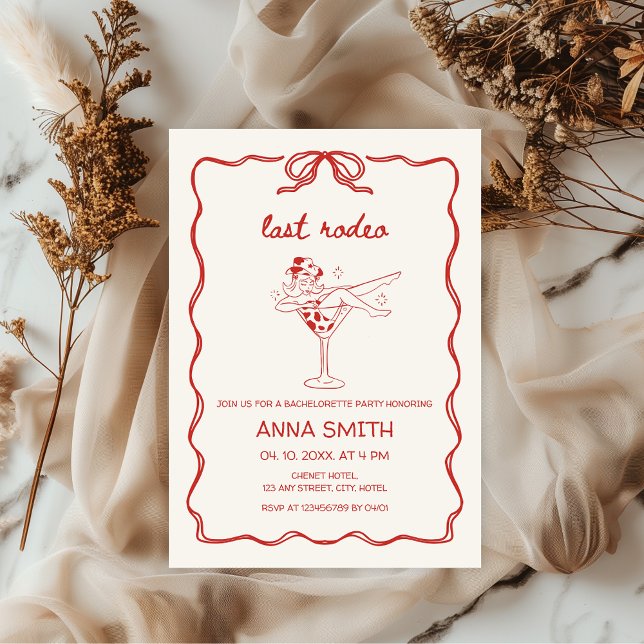 Invitation Dernière Rodéo Cowgirl rouge dessinée à la main Ba (Last Rodeo Bachelorette Party Nash Bash, Giddy Up, Let's go girls, hand-drawn invitation Cowgirl)