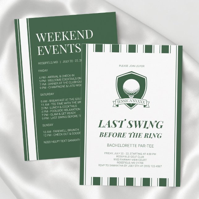 Invitation Dernière soirée golf en vert rayé pour l'enterreme (Striped Green White Last Swing Golf Bachelor Party Invitation)