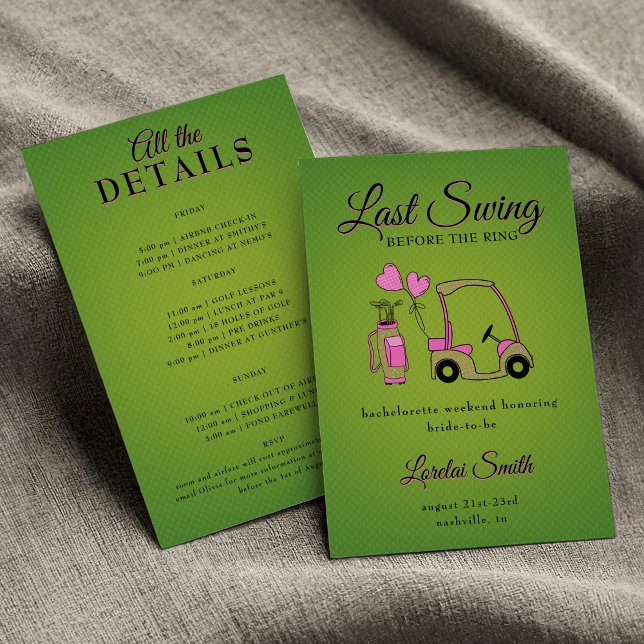Invitation Dernière swing avant le Ring Golf Bachelorette Par ( Last Swing Before the Ring! Pink & Green Golf-Themed Bachelorette Weekend Invitation)