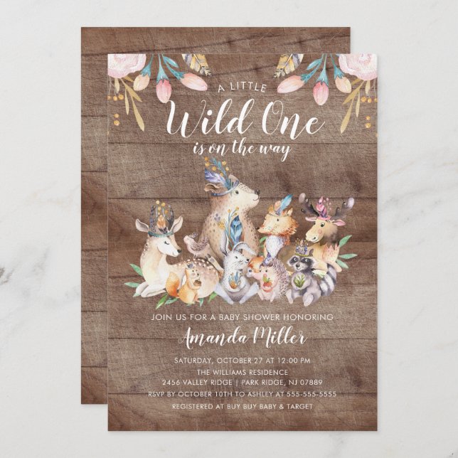 Invitation Des amis boisés rustiques Wild One Baby shower (Devant / Derrière)
