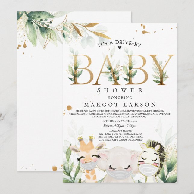 Invitation Des animaux verts Gold Safari conduisent par Baby  (Devant / Derrière)