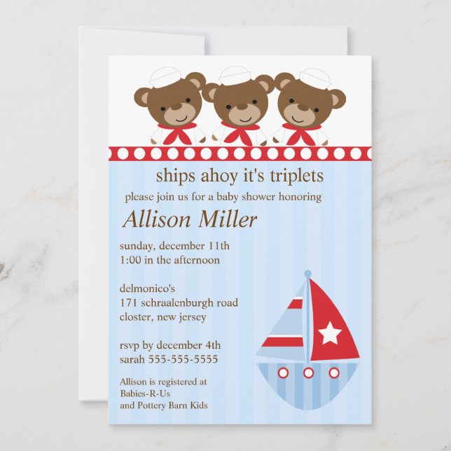 Invitation Des bateaux oh c'est le baby shower du TRIPLET (Devant)