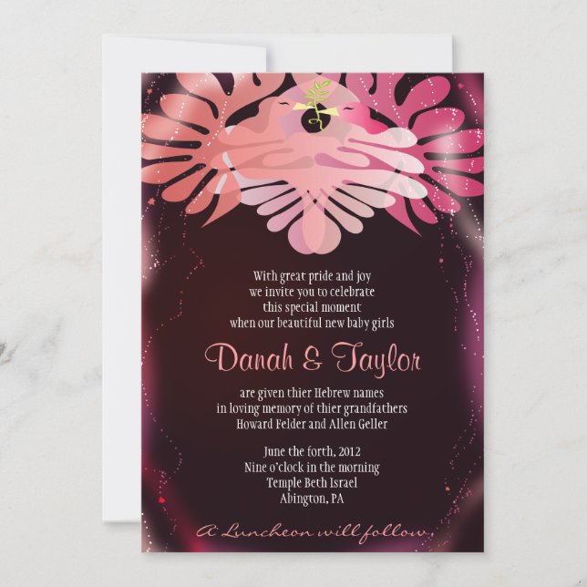 Invitation des bébés juifs baptisés Doves jumelles (Devant)