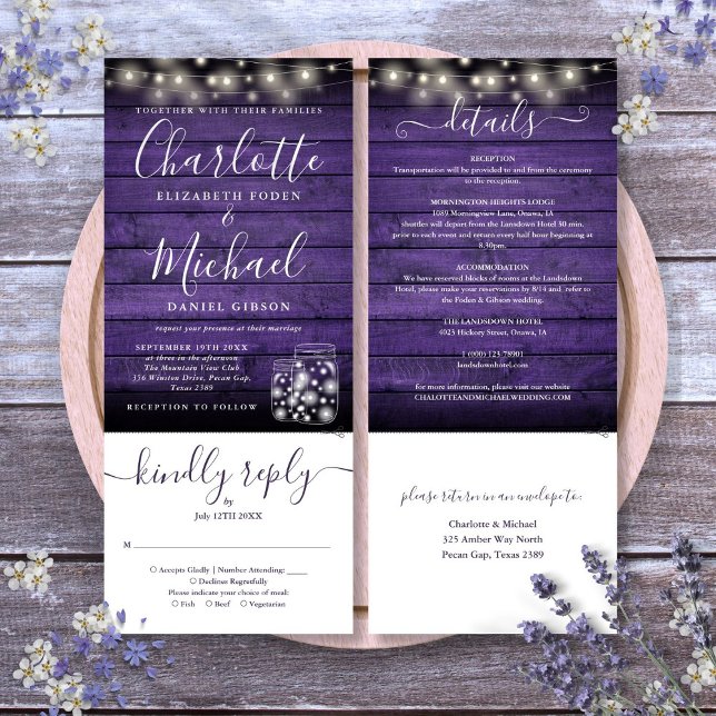 Invitation Des bocaux de Mason en bois violet s'allument en u (Purple Wood Mason Jars Lights All In One Wedding Invitation)