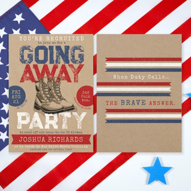 Invitation Des Bottes Militaires Rustiques Se Débarrassent Du (Military Combat Boots Going Away Party, Farewell Rustic Vintage Party Invitation, front and back )