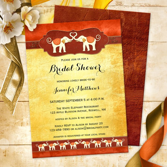 Invitation des Eléphants Blancs indiens Douche nup (Elegant Indian bridal shower invitation featuring two ivory colored elephants in love, with tribe)