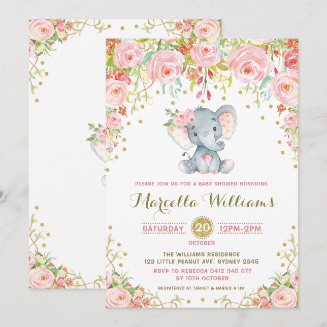 Invitation des éléphants floraux Boho Baby shower  (Devant / Derrière)