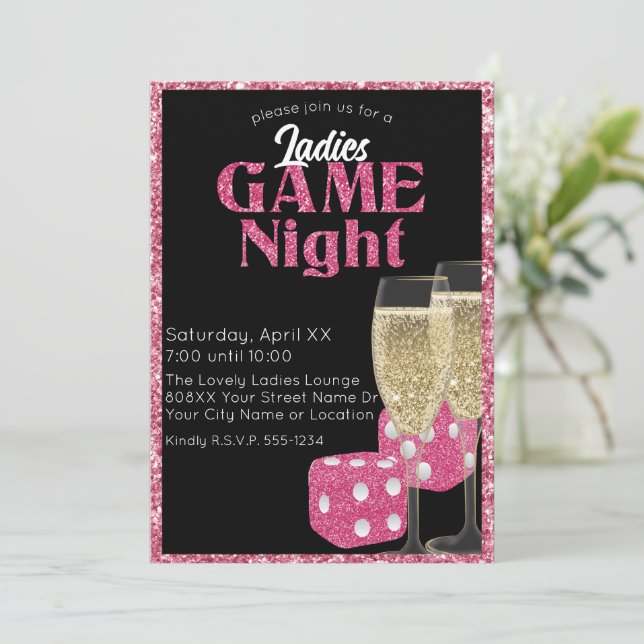 Invitation Dés en strass rose pour soirée entre dames sur fon (Debout devant)