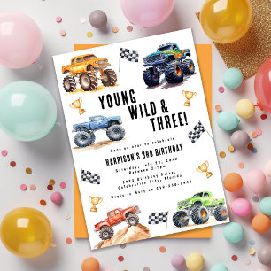 Invitation Des enfants jeunes sauvages et trois camions monst