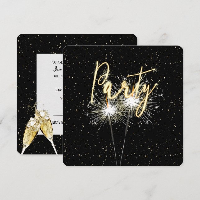 Invitation Des étincelants à la fête de l'anniversaire noir (Devant / Derrière)
