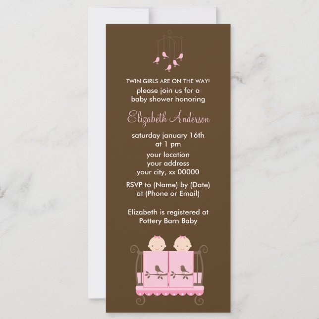 Invitation Des filles jumelles au Baby shower de lit rose (Devant)