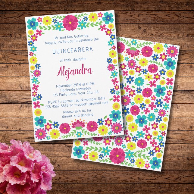 Invitation des fleurs mexicaines colorées quinceañ (Créateur téléchargé)