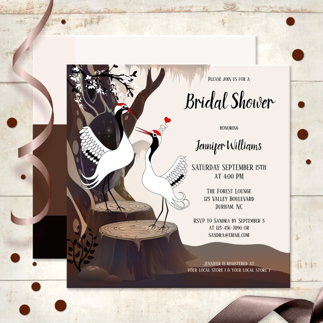 Invitation des grues japonaises Inséparables douch (Bridal shower invitation featuring an illustration of two Japanese cranes in love in a forest)
