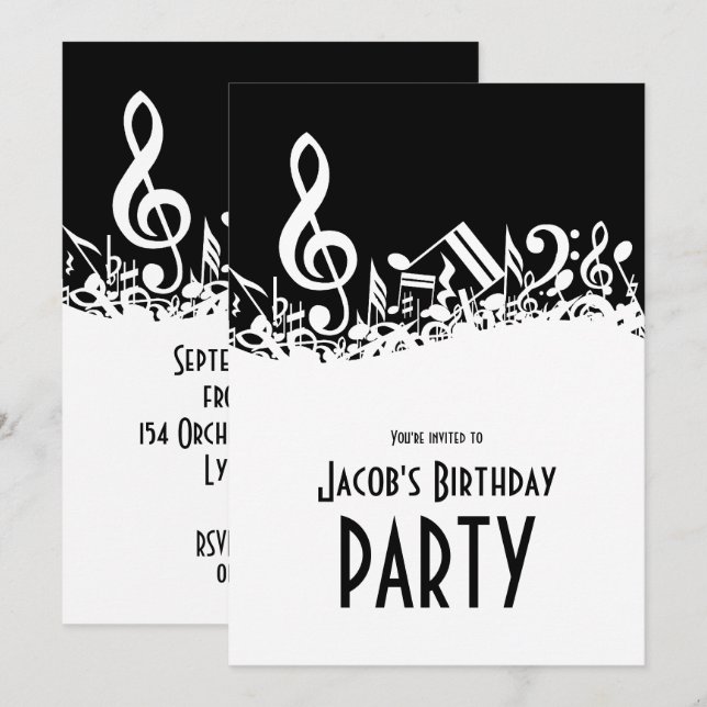 Invitation Des notes musicales blanches sur le noir (Devant / Derrière)