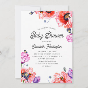 Invitation Des pavots. Fleur rouge aquarelle. Baby shower flo