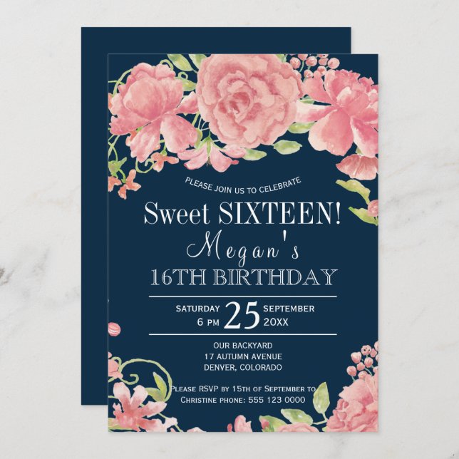 Invitation Des pivoines chics à fleurs sur le sweet sixteen d (Devant / Derrière)