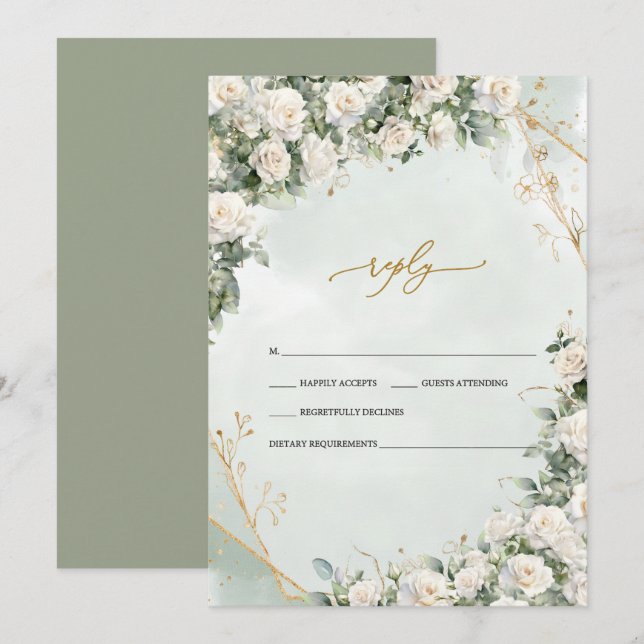 Invitation Des roses blanches élégantes encadrent le mariage (Devant / Derrière)