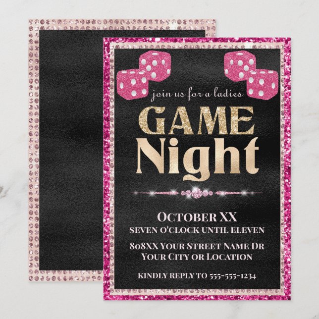 Invitation Dés scintillants roses pour soirée entre dames or  (Devant / Derrière)