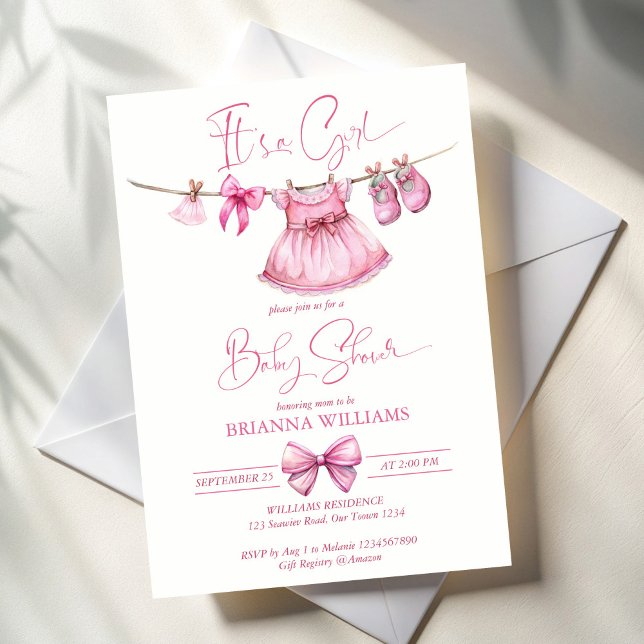 Invitation Des vêtements roses preppy sur une ligne baby show (Preppy cute pink clothes on a line bow girls baby shower invitation template instant download)
