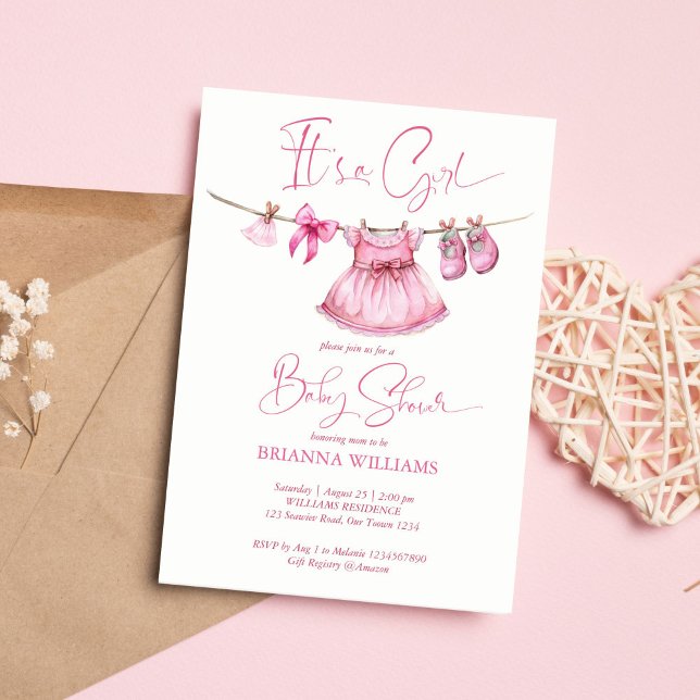 Invitation Des vêtements roses preppy sur une ligne baby show (Preppy pink clothes on a line girls baby shower invitation)