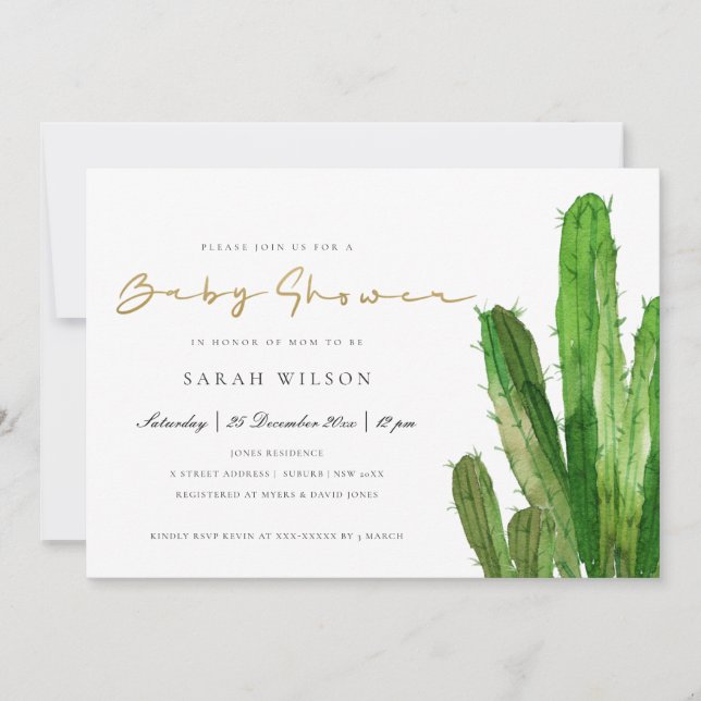 INVITATION DESERT CACTUS FOLIAGE GOLD WATERCOLOR BABY SHOWER (Devant)