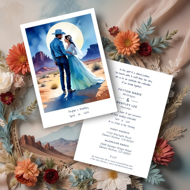 Invitation Desert Mountains Colorful landscape Wedding Cowboy (Desert Mountains Colorful landscape Wedding Cowboy Groom & Bride Couple Illustration in Blue Shades.)