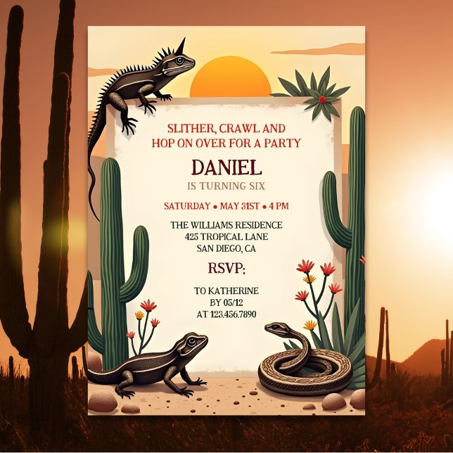 Invitation Desert Snake Reptile Parlé Anniversaire de enfant (Desert Snake Reptile Themed Kids Birthday Party Invitation)