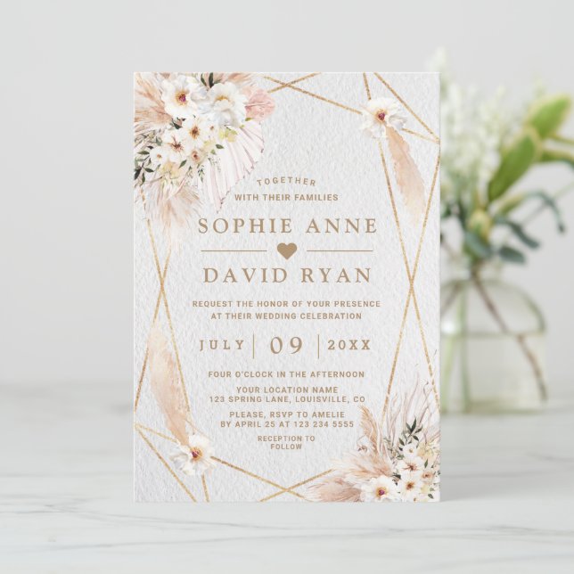 Invitation Desert White Roses Pampas Grass Gold Mariage (Debout devant)