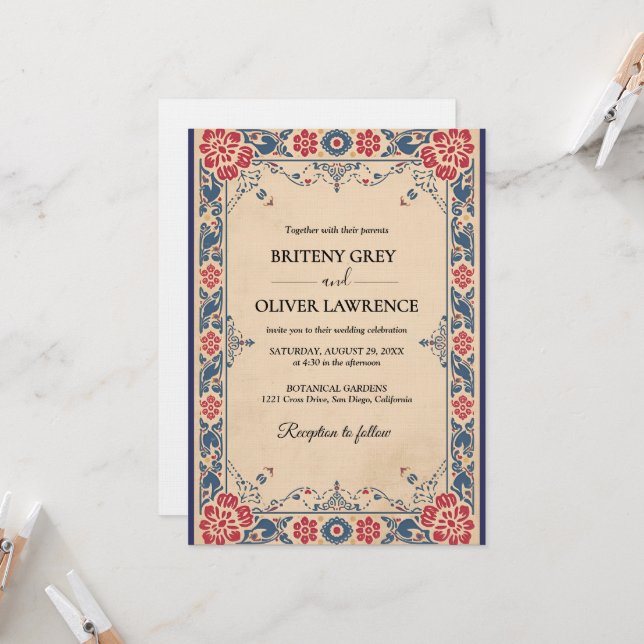 Invitation Désherbage élégant de Papel Picado floral (Devant/Arrière en situation)