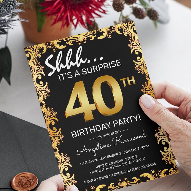 Invitation Design Black & Gold 40th Surprise Birthday Party (Créateur téléchargé)