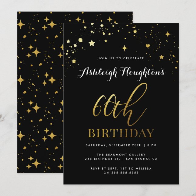 Invitation Design Black & Gold Star Confetti 60e anniversaire (Devant / Derrière)