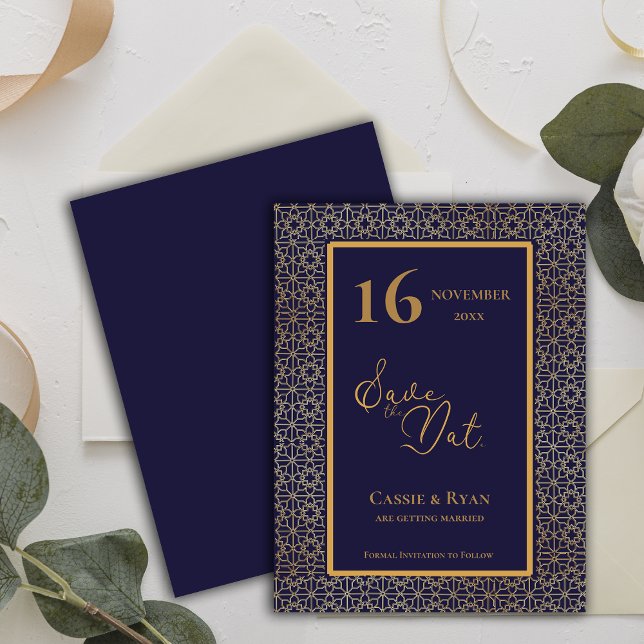 Invitation Design complexe Blue Gold Wedding Enregistrer la d (Intricate Design Blue Gold Wedding Save the Date Invitation)