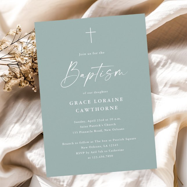 Invitation Design élégant moderne Sage Baptême vert (Modern elegant script sage green gender neutral baptism invitation.)