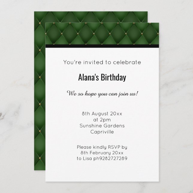 INVITATION DESIGN ÉLÉGANT VERT OR DIAMOND (Devant / Derrière)