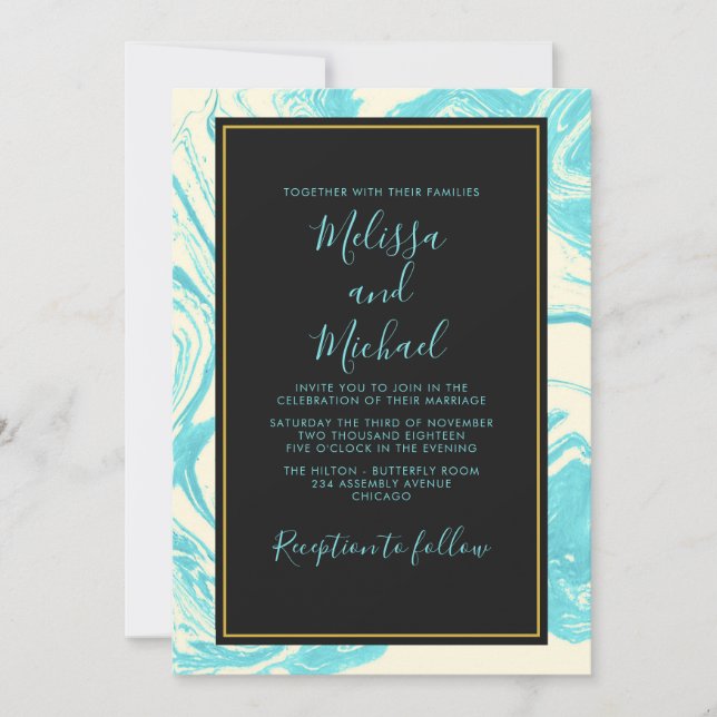 Invitation Design en marbre élégant en Mariage Turquoise et C (Devant)